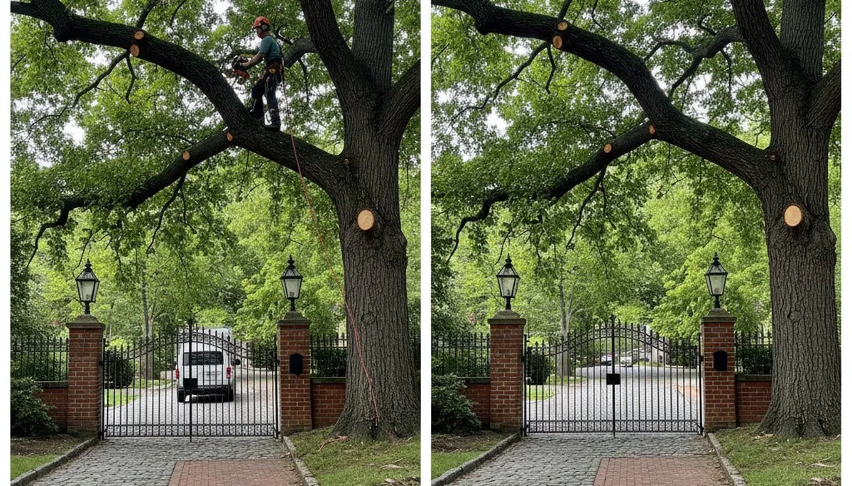 Arborist lifting tree canopy for driveway clearance and safety in Philadelphia, PA tree trimming service