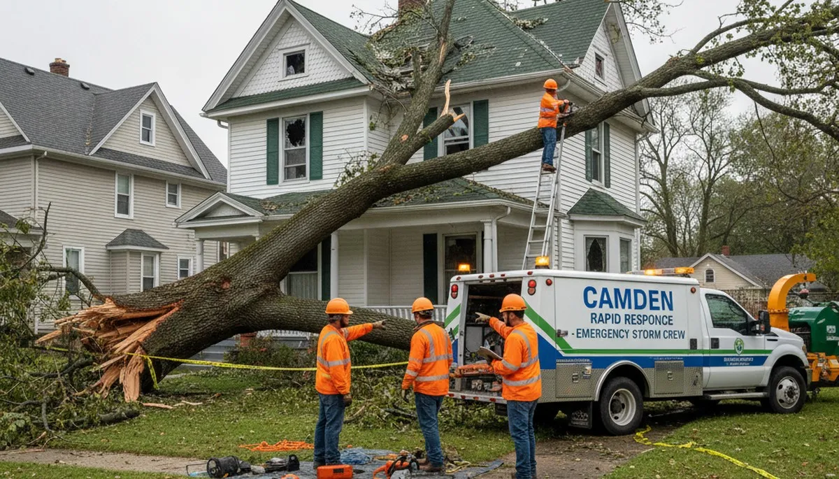Emergency tree removal crew clearing storm-damaged trees in Camden NJ near Philadelphia PA homes