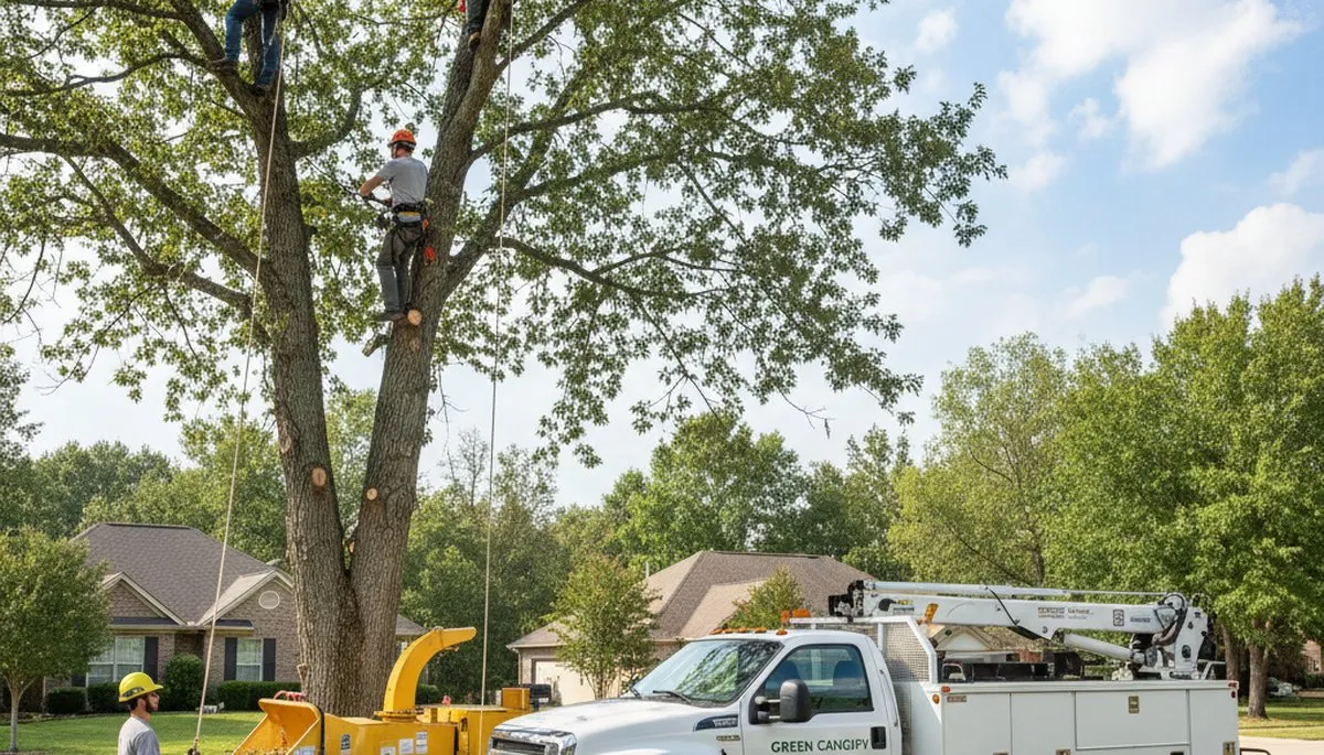 Arborist trimming large oak tree in Philadelphia, PA for Chop Chop Tree safety and maintenance service