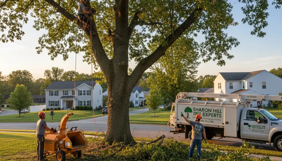 Professional tree removal service in Philadelphia, PA safely cutting and clearing large backyard trees