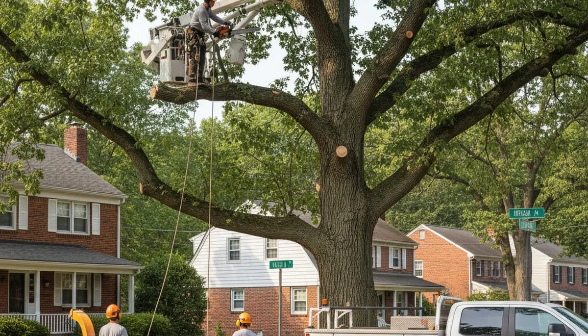 Professional tree removal service in Philadelphia PA safely cutting large oak tree